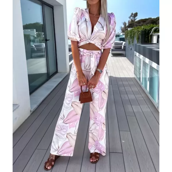 imagechouyatou Womens 2 Piece Outfits Floral Puff Sleeve Self Tie Crop Top and Elastic Waist Wide Leg Pants SetPink