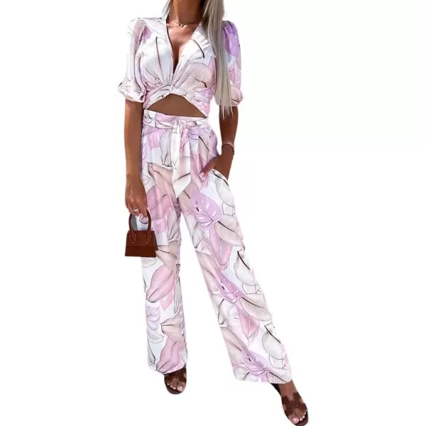 imagechouyatou Womens 2 Piece Outfits Floral Puff Sleeve Self Tie Crop Top and Elastic Waist Wide Leg Pants SetPink