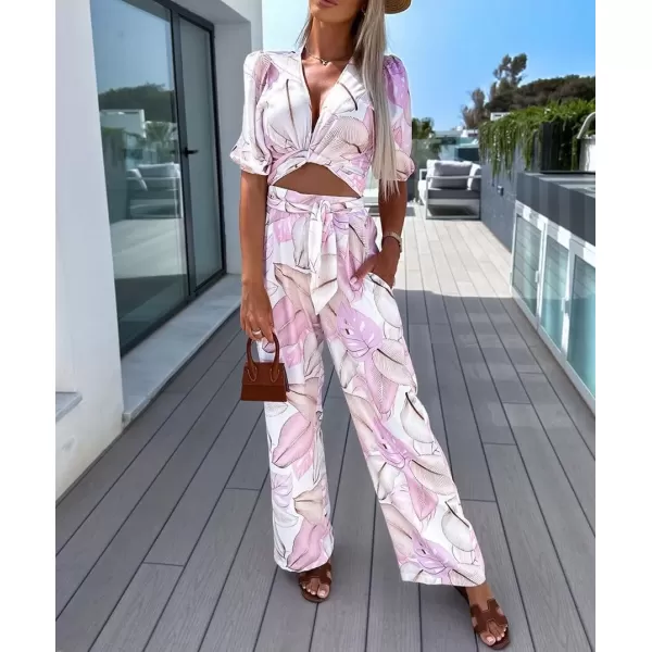 imagechouyatou Womens 2 Piece Outfits Floral Puff Sleeve Self Tie Crop Top and Elastic Waist Wide Leg Pants SetPink