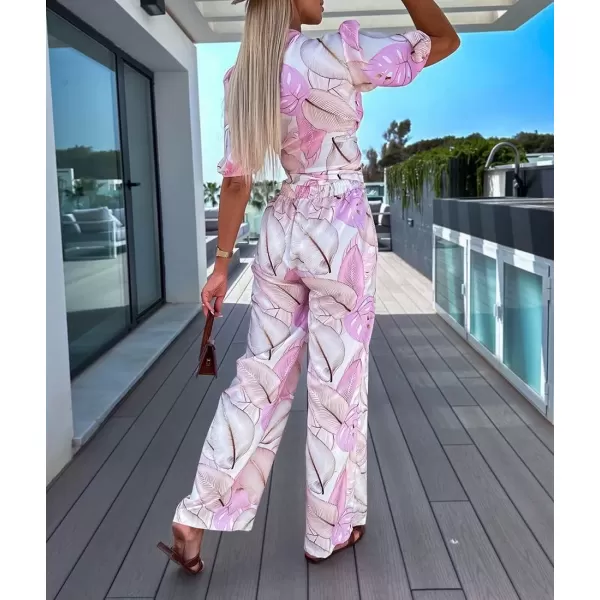imagechouyatou Womens 2 Piece Outfits Floral Puff Sleeve Self Tie Crop Top and Elastic Waist Wide Leg Pants SetPink