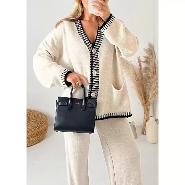 imagechouyatou Womens 2 Piece Outfits Knit Sweater Sets Button Down Cardigan Wide Leg Pants Lounge SetsApricot