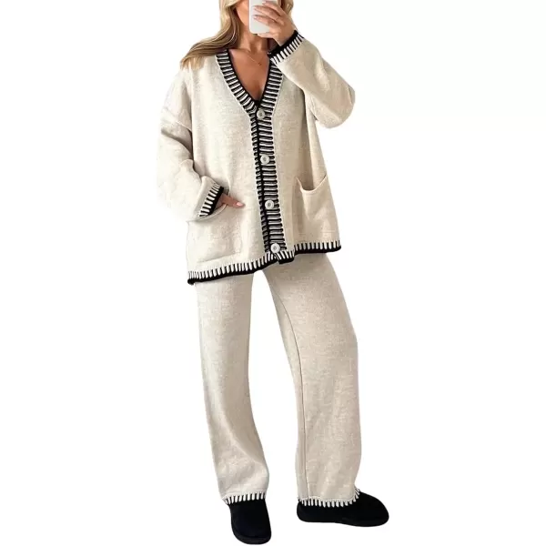 imagechouyatou Womens 2 Piece Outfits Knit Sweater Sets Button Down Cardigan Wide Leg Pants Lounge SetsApricot