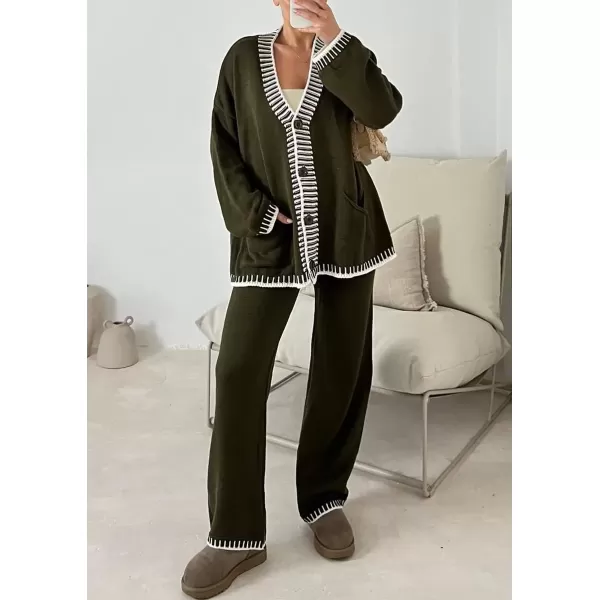 imagechouyatou Womens 2 Piece Outfits Knit Sweater Sets Button Down Cardigan Wide Leg Pants Lounge SetsArmy Green