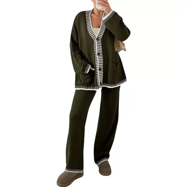 imagechouyatou Womens 2 Piece Outfits Knit Sweater Sets Button Down Cardigan Wide Leg Pants Lounge SetsArmy Green