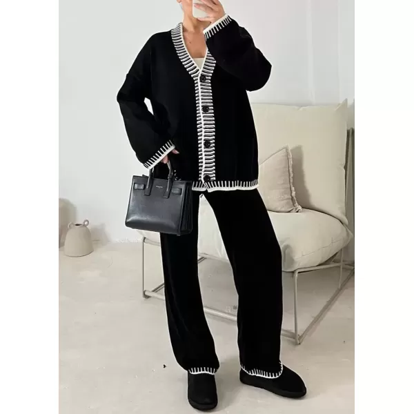 imagechouyatou Womens 2 Piece Outfits Knit Sweater Sets Button Down Cardigan Wide Leg Pants Lounge SetsBlack