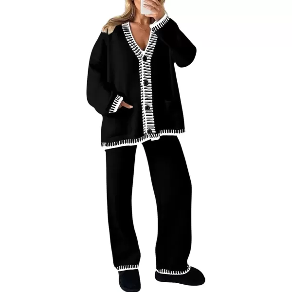 imagechouyatou Womens 2 Piece Outfits Knit Sweater Sets Button Down Cardigan Wide Leg Pants Lounge SetsBlack