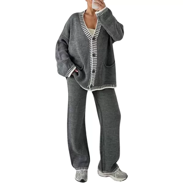 imagechouyatou Womens 2 Piece Outfits Knit Sweater Sets Button Down Cardigan Wide Leg Pants Lounge SetsGrey