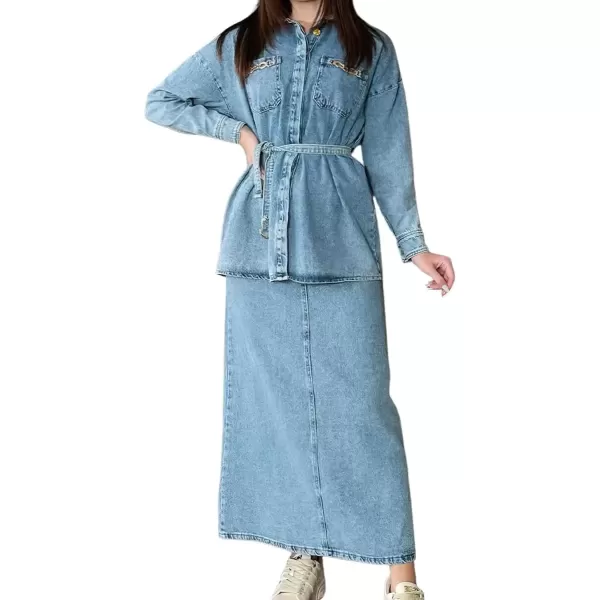 imagechouyatou Womens 2 Piece Outfits Washed Button Down Denim Jacket ALine Skirt Two Piece SetsLight Blue