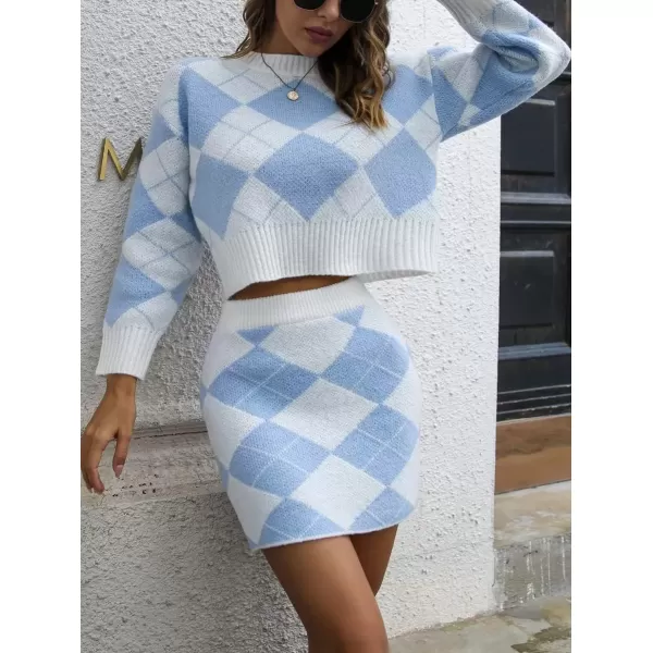 imagechouyatou Womens Argyle Plaid Crop Sweater Mini Pencil Skirt Set Knitted 2 Piece OutfitsBlue