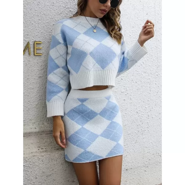 imagechouyatou Womens Argyle Plaid Crop Sweater Mini Pencil Skirt Set Knitted 2 Piece OutfitsBlue