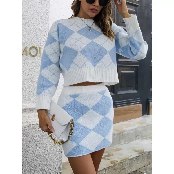 imagechouyatou Womens Argyle Plaid Crop Sweater Mini Pencil Skirt Set Knitted 2 Piece OutfitsBlue