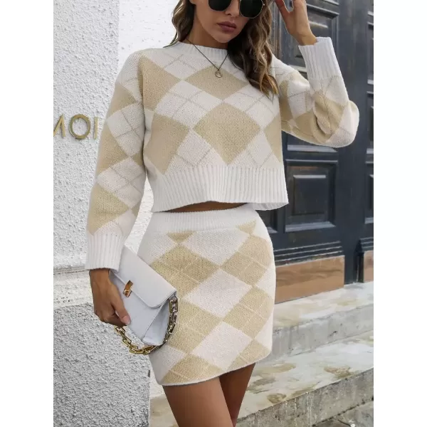 imagechouyatou Womens Argyle Plaid Crop Sweater Mini Pencil Skirt Set Knitted 2 Piece OutfitsKhaki