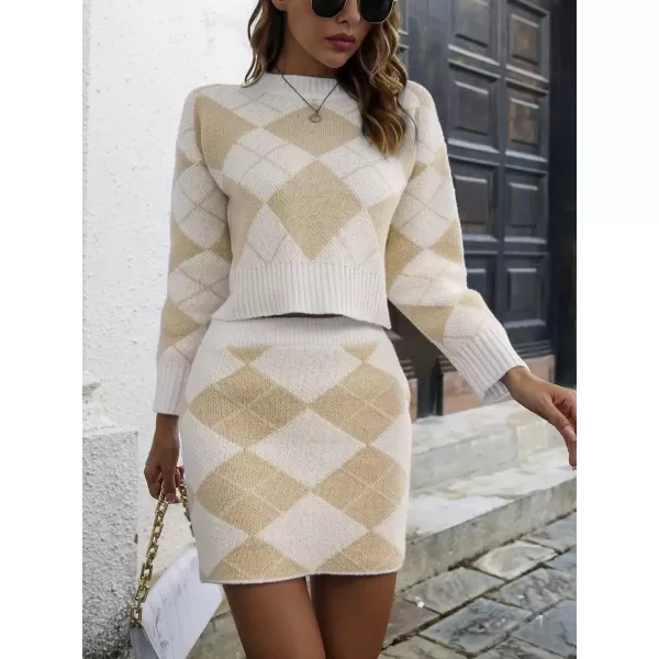 imagechouyatou Womens Argyle Plaid Crop Sweater Mini Pencil Skirt Set Knitted 2 Piece OutfitsKhaki