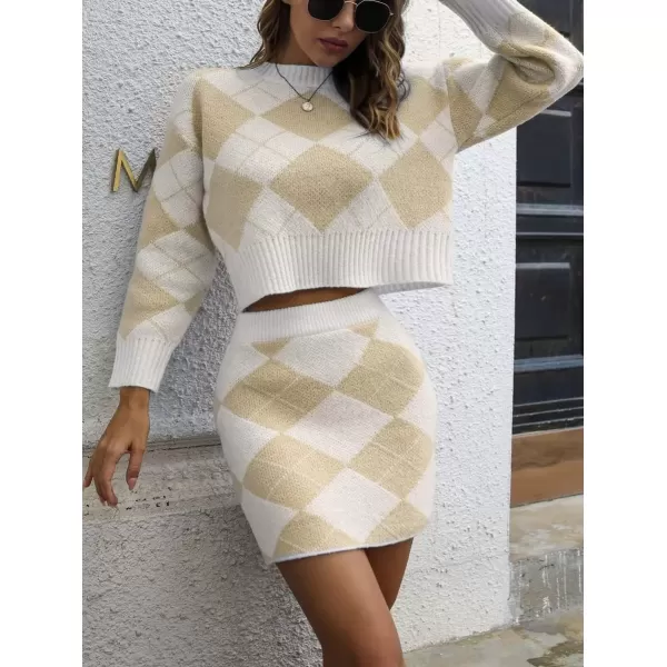 imagechouyatou Womens Argyle Plaid Crop Sweater Mini Pencil Skirt Set Knitted 2 Piece OutfitsKhaki