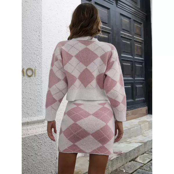 imagechouyatou Womens Argyle Plaid Crop Sweater Mini Pencil Skirt Set Knitted 2 Piece OutfitsPink