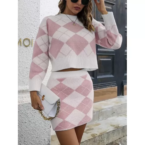 imagechouyatou Womens Argyle Plaid Crop Sweater Mini Pencil Skirt Set Knitted 2 Piece OutfitsPink
