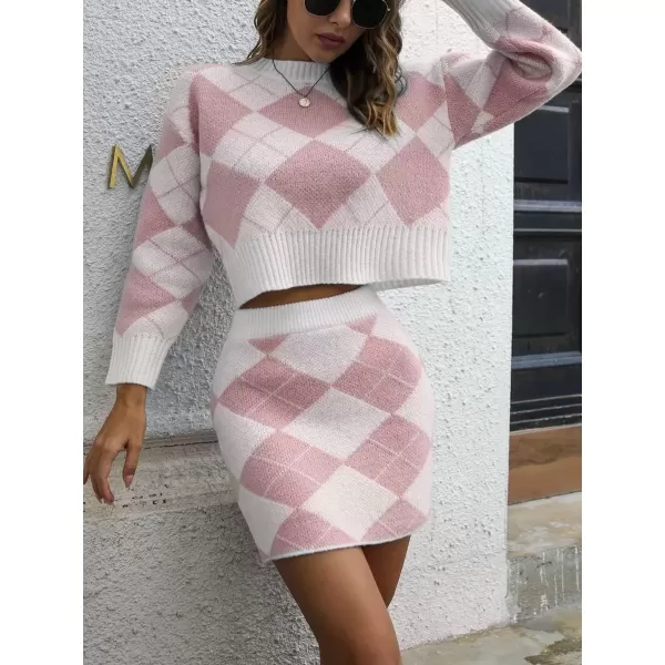 imagechouyatou Womens Argyle Plaid Crop Sweater Mini Pencil Skirt Set Knitted 2 Piece OutfitsPink