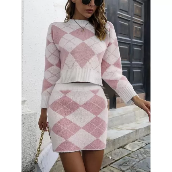 imagechouyatou Womens Argyle Plaid Crop Sweater Mini Pencil Skirt Set Knitted 2 Piece OutfitsPink