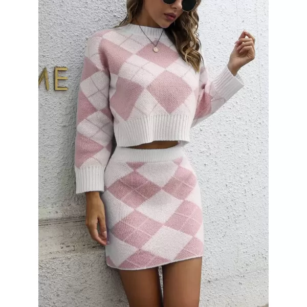 imagechouyatou Womens Argyle Plaid Crop Sweater Mini Pencil Skirt Set Knitted 2 Piece OutfitsPink