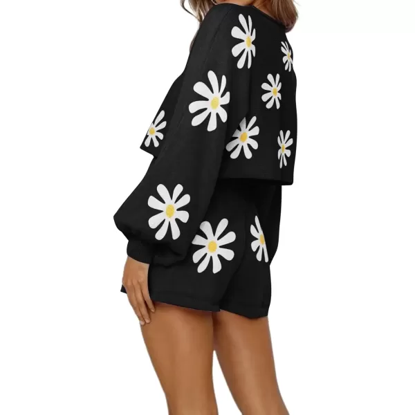 imagechouyatou Womens Daisy Flower Sweater 2 Pieces Outfit Long Sleeve Sweater Crop Top and Shorts SetBlack