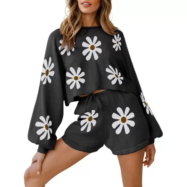 imagechouyatou Womens Daisy Flower Sweater 2 Pieces Outfit Long Sleeve Sweater Crop Top and Shorts SetBlack