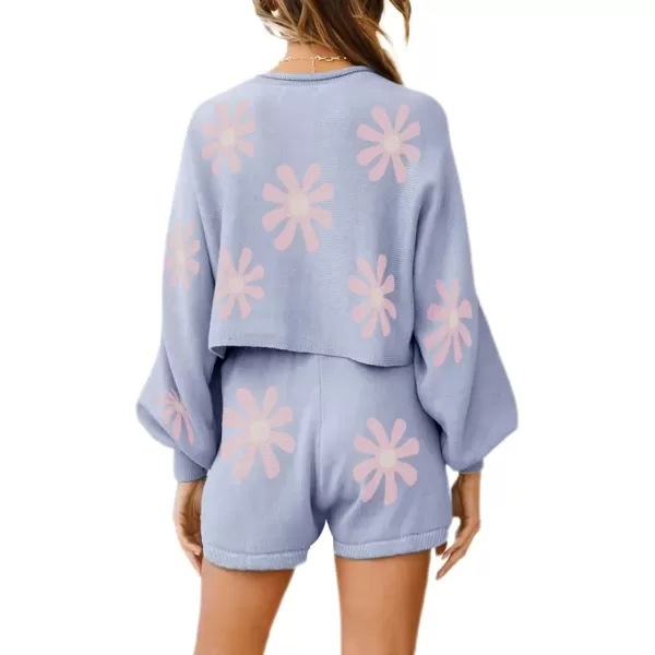 imagechouyatou Womens Daisy Flower Sweater 2 Pieces Outfit Long Sleeve Sweater Crop Top and Shorts SetLight Blue