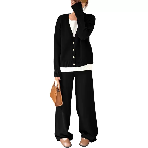 imagechouyatou Womens Fall 2 Piece Outfits Knit Pullover Sweater Sets Cardigan Wide Leg Pants Lounge SetsBlack