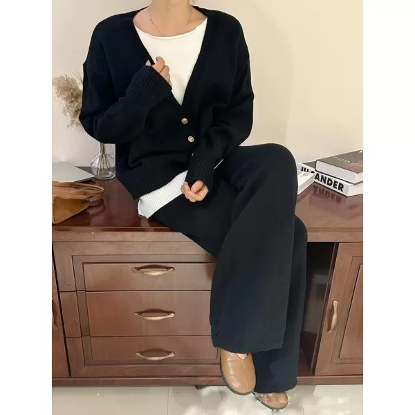 imagechouyatou Womens Fall 2 Piece Outfits Knit Pullover Sweater Sets Cardigan Wide Leg Pants Lounge SetsBlack