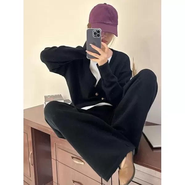 imagechouyatou Womens Fall 2 Piece Outfits Knit Pullover Sweater Sets Cardigan Wide Leg Pants Lounge SetsBlack