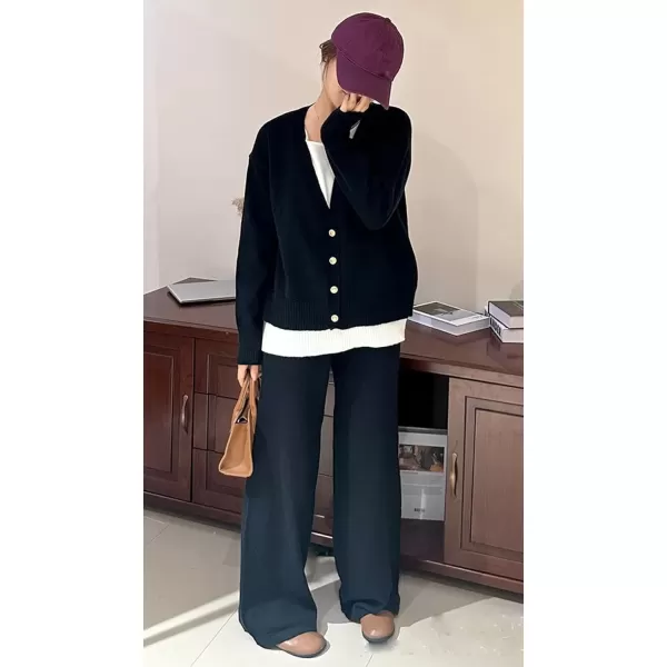 imagechouyatou Womens Fall 2 Piece Outfits Knit Pullover Sweater Sets Cardigan Wide Leg Pants Lounge SetsBlack