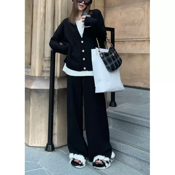 imagechouyatou Womens Fall 2 Piece Outfits Knit Pullover Sweater Sets Cardigan Wide Leg Pants Lounge SetsBlack