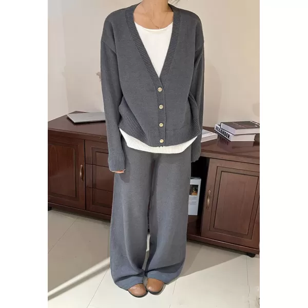 imagechouyatou Womens Fall 2 Piece Outfits Knit Pullover Sweater Sets Cardigan Wide Leg Pants Lounge SetsGrey
