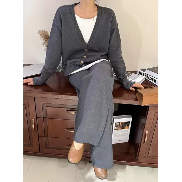 imagechouyatou Womens Fall 2 Piece Outfits Knit Pullover Sweater Sets Cardigan Wide Leg Pants Lounge SetsGrey