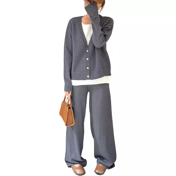 imagechouyatou Womens Fall 2 Piece Outfits Knit Pullover Sweater Sets Cardigan Wide Leg Pants Lounge SetsGrey