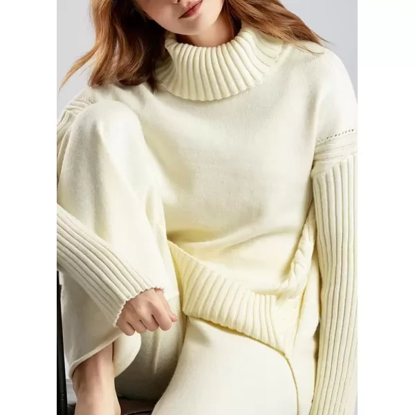 imagechouyatou Womens Fall 2 Piece Outfits Turtleneck Cable Knit Sweater Wide Leg Pant Sets Lounge SetsBeige