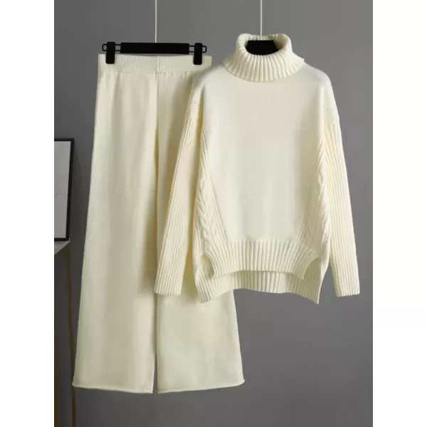 imagechouyatou Womens Fall 2 Piece Outfits Turtleneck Cable Knit Sweater Wide Leg Pant Sets Lounge SetsBeige