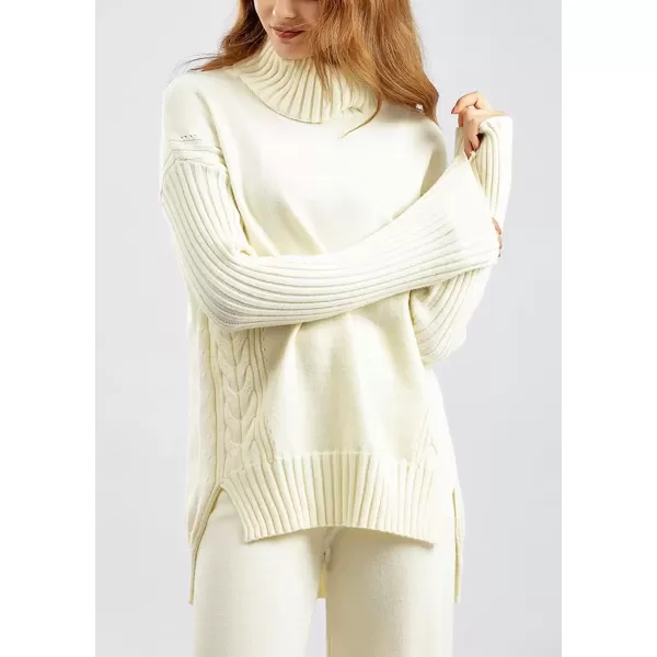 imagechouyatou Womens Fall 2 Piece Outfits Turtleneck Cable Knit Sweater Wide Leg Pant Sets Lounge SetsBeige