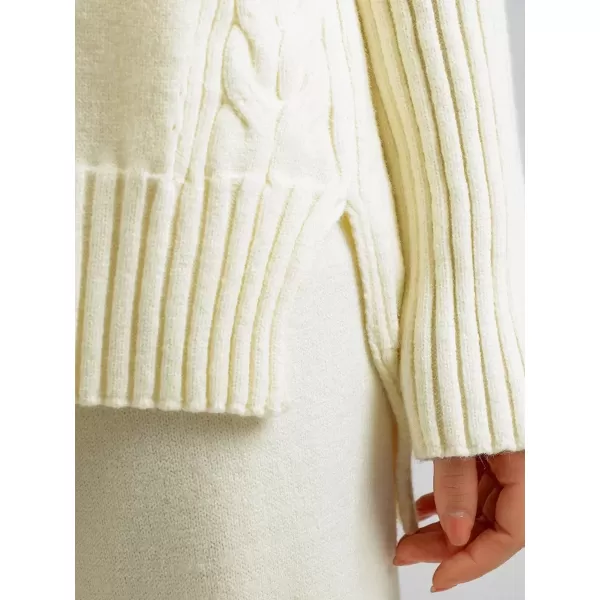 imagechouyatou Womens Fall 2 Piece Outfits Turtleneck Cable Knit Sweater Wide Leg Pant Sets Lounge SetsBeige