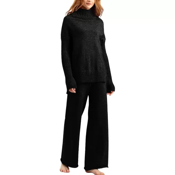 imagechouyatou Womens Fall 2 Piece Outfits Turtleneck Cable Knit Sweater Wide Leg Pant Sets Lounge SetsBlack