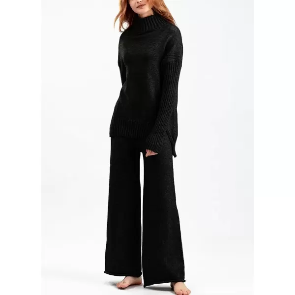imagechouyatou Womens Fall 2 Piece Outfits Turtleneck Cable Knit Sweater Wide Leg Pant Sets Lounge SetsBlack