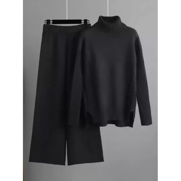 imagechouyatou Womens Fall 2 Piece Outfits Turtleneck Cable Knit Sweater Wide Leg Pant Sets Lounge SetsBlack