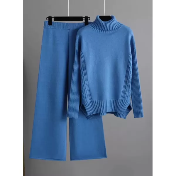 imagechouyatou Womens Fall 2 Piece Outfits Turtleneck Cable Knit Sweater Wide Leg Pant Sets Lounge SetsBlue