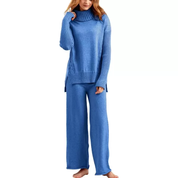 imagechouyatou Womens Fall 2 Piece Outfits Turtleneck Cable Knit Sweater Wide Leg Pant Sets Lounge SetsBlue