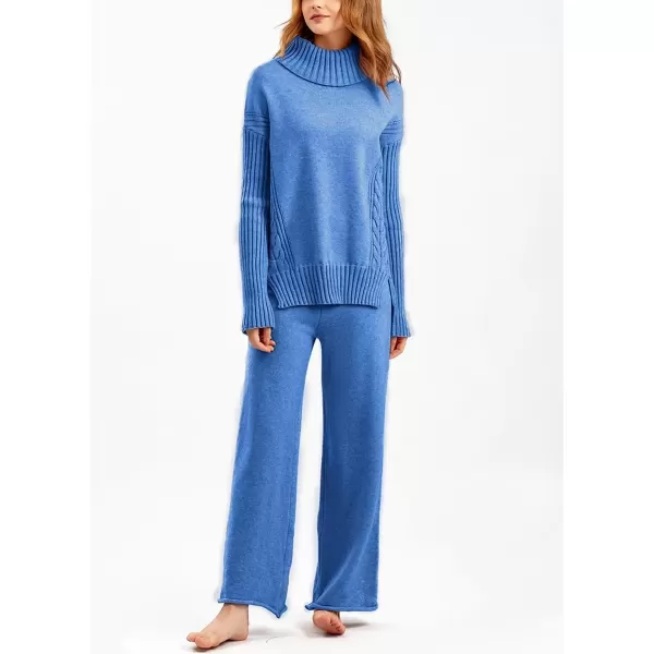 imagechouyatou Womens Fall 2 Piece Outfits Turtleneck Cable Knit Sweater Wide Leg Pant Sets Lounge SetsBlue
