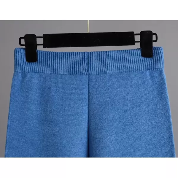 imagechouyatou Womens Fall 2 Piece Outfits Turtleneck Cable Knit Sweater Wide Leg Pant Sets Lounge SetsBlue