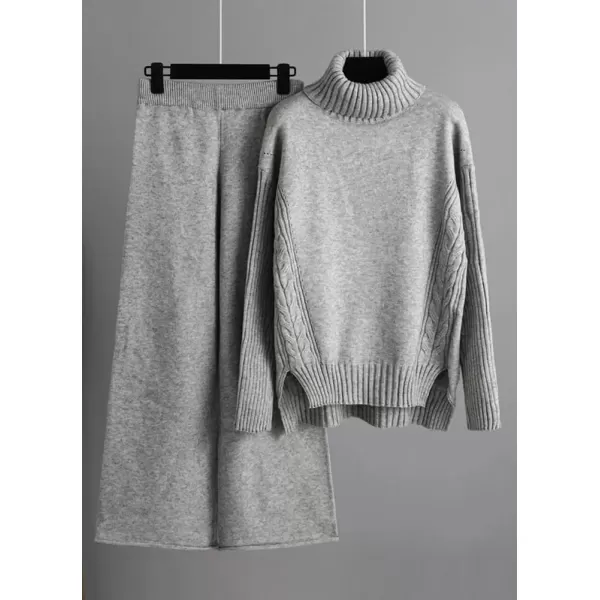 imagechouyatou Womens Fall 2 Piece Outfits Turtleneck Cable Knit Sweater Wide Leg Pant Sets Lounge SetsGrey