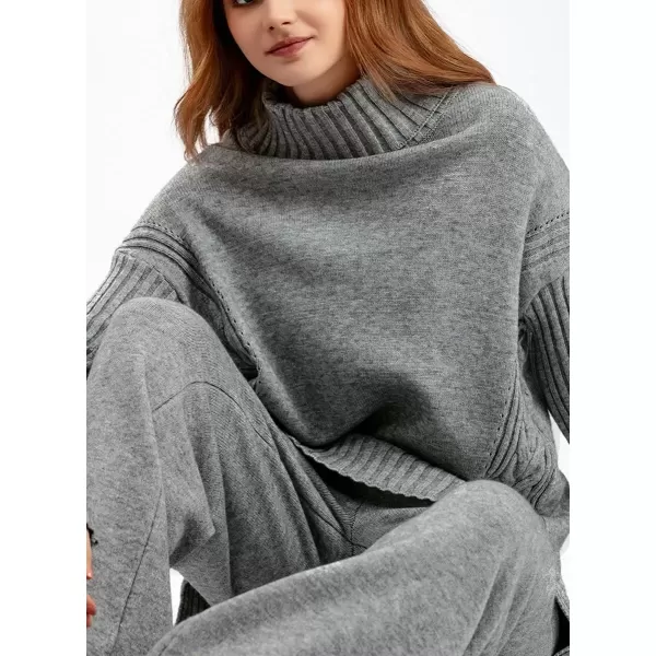 imagechouyatou Womens Fall 2 Piece Outfits Turtleneck Cable Knit Sweater Wide Leg Pant Sets Lounge SetsGrey