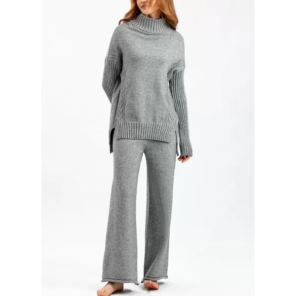 imagechouyatou Womens Fall 2 Piece Outfits Turtleneck Cable Knit Sweater Wide Leg Pant Sets Lounge SetsGrey