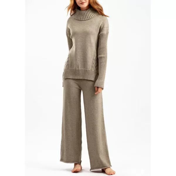 imagechouyatou Womens Fall 2 Piece Outfits Turtleneck Cable Knit Sweater Wide Leg Pant Sets Lounge SetsKhaki