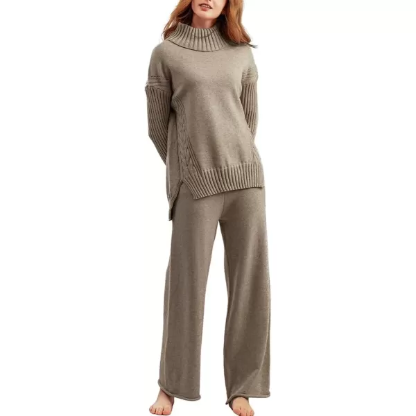 imagechouyatou Womens Fall 2 Piece Outfits Turtleneck Cable Knit Sweater Wide Leg Pant Sets Lounge SetsKhaki